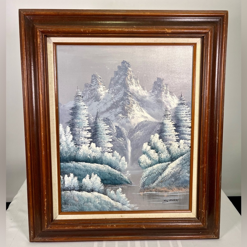 VTG Signed SIMON Oil Painting Snow Mountain Landscape Framed Made In Mexico MCM